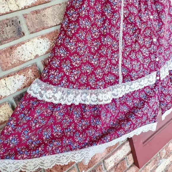 💖Beautiful💖Jessica's Gunnies Gunne Sax Burgundy Calico Lace Prairie Skirt🌟 - Picture 8 of 15